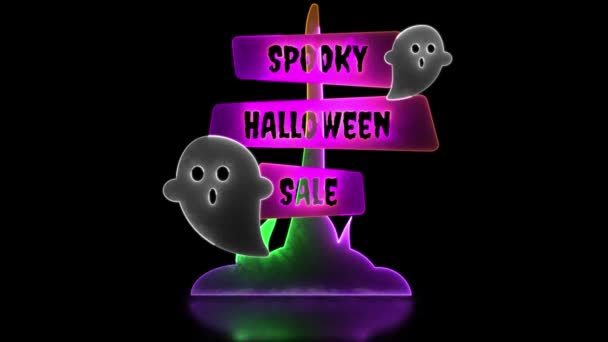 Moon Silmukka Neon Hehku Vaikutus Halloween Merkki Aave Musta Tausta — kuvapankkivideo