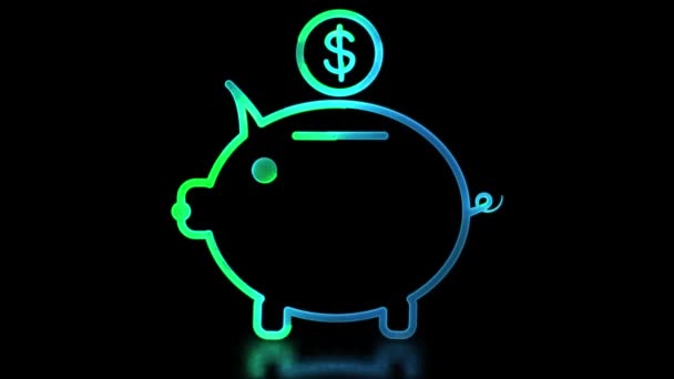 Glowing Looping Icon Pig Piggy Bank Dollar Coin Neon Effect — Stock Video