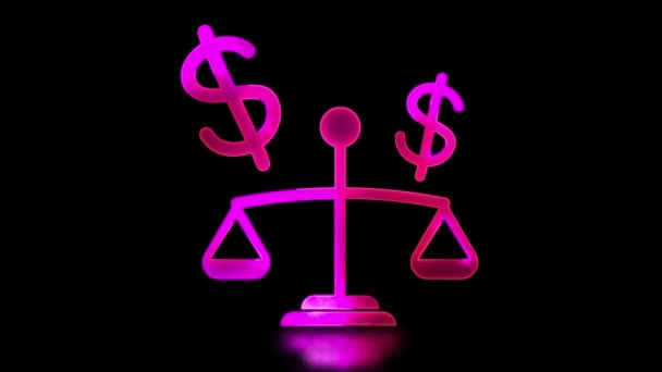 Glowing Looping Icon Scale Dollar Coin Neon Effect Black Background — Stock Video