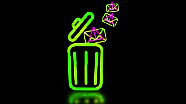 Zářící Smyčka Ikony Koš Email Spam Neon Efekt Černé Pozadí — Stock video