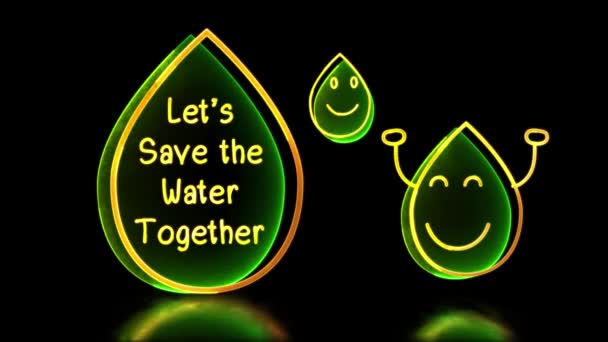 Сияющая Иконка Сохранения Воды Символ Неонового Эффекта Черный Фон — стоковое видео