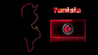 Döngülü neon ışık efekti simgeleri, Tunus 'un ulusal bayrağı ve haritası, siyah arkaplan