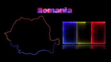 Döngülü neon ışık efekti simgeleri, Romanya ulusal bayrağı ve harita, siyah arkaplan