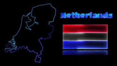 Döngülü neon ışık efekti simgeleri, Hollanda ulusal bayrağı ve harita, siyah arkaplan