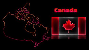 Döngülü neon ışık efekti simgeleri, Kanada bayrağı ve harita, siyah arkaplan
