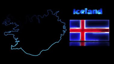 Döngülü neon ışık efekti simgeleri, İzlanda bayrağı ve harita, siyah arkaplan