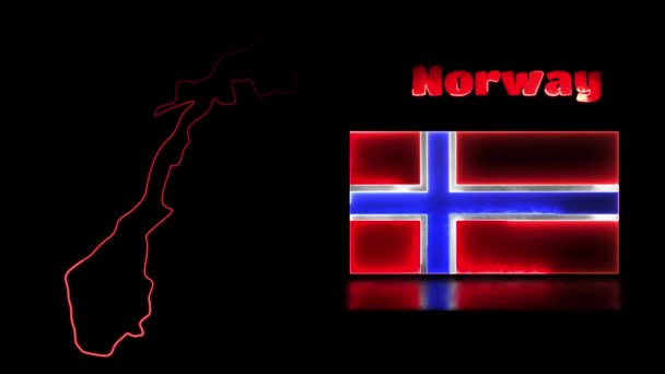 Looping Ikonen Mit Neoneffekt Nationalflagge Norwegens Und Landkarte Schwarzer Hintergrund — Stockvideo