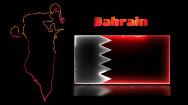 Döngülü neon ışık efekti simgeleri, Bahreyn ve Haritanın ulusal bayrağı, siyah arka grup