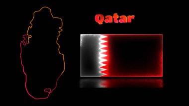 Döngülü neon parlaklık efektleri, Katar 'ın ulusal bayrağı ve haritası, siyah arkaplan