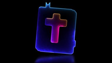 Neon çerçeve efekti, parlayan Hıristiyan dini kitap şekli, siyah arkaplan.