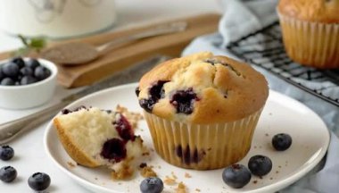 Böğürtlenli kekler ve taze böğürtlenler masada.