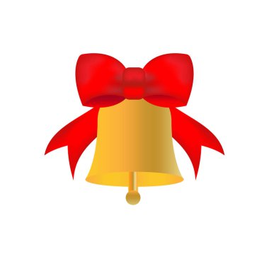 Altın Noel çanları ve kırmızı kurdele beyaz izole edilmiş. Vektör illüstrasyonu