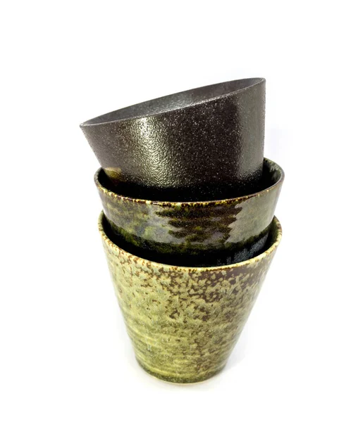 Three Ceramic Cups Same Shape Pattern Different — Stock Photo, Image