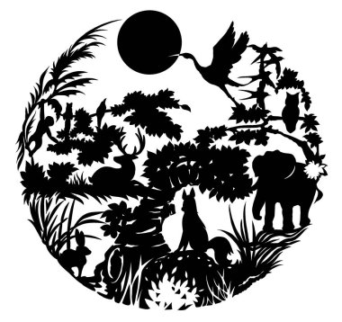 Siluet çizimi siyah renk hayvan yaprakları ve tropikal ormanı daire şeklinde ağaçlandırır.