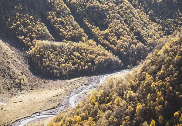 Valle Montañoso Otoño Con Pendientes Cubiertas Árboles Amarillentos Bosque Río — Foto de Stock