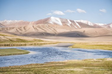 Yüksek dağ manzarası, dağlarda bir nehir bir dağ vadisinde yeşil çayırlar arasında dağların arka planına karşı akar, arka plan için Pamir Dağları 'ndaki manzara