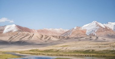 Yüksek dağ manzarası, dağlarda bir nehir bir dağ vadisinde yeşil çayırlar arasında dağların arka planına karşı akar, arka plan için Pamir Dağları 'ndaki manzara