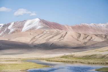 Yüksek dağ manzarası, dağlarda bir nehir bir dağ vadisinde yeşil çayırlar arasında dağların arka planına karşı akar, arka plan için Pamir Dağları 'ndaki manzara