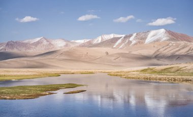 Yüksek dağ manzarası, dağlarda bir nehir bir dağ vadisinde yeşil çayırlar arasında dağların arka planına karşı akar, arka plan için Pamir Dağları 'ndaki manzara