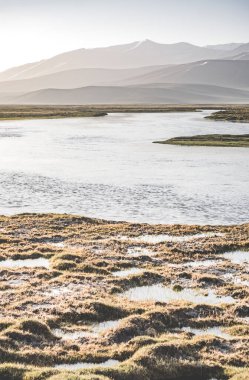 Yüksek dağ manzarası, dağlarda bir nehir bir dağ vadisinde yeşil çayırlar arasında dağların arka planına karşı akar, arka plan için Pamir Dağları 'ndaki manzara