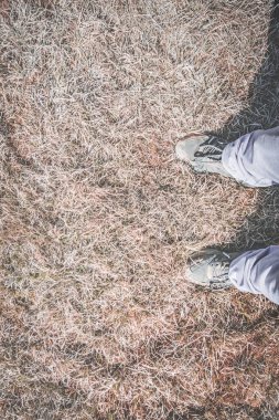 Turistin ayakları spor ayakkabılarla dağlarda kurumuş çimlerde, arka plan için.