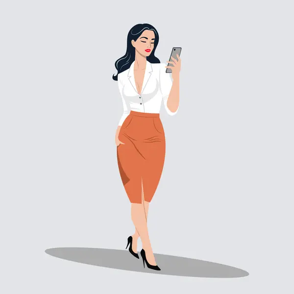 Akıllı telefon kullanan bir iş kadını. Açık gri arkaplanda düz bir çizim. Dijital iletişim konsepti. Vektör illüstrasyonu