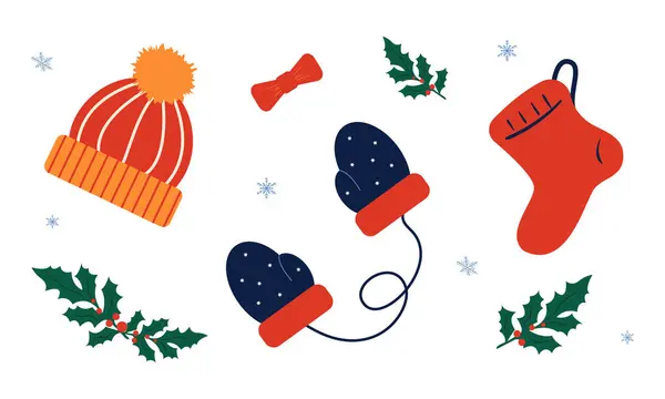 Şapka, eldiven ve kutsal yapraklar ve beyaz arka planda kar taneleri gibi kış kıyafetleri. Noel teması
