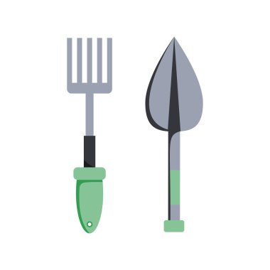 Bir çatal ve yeşil saplı bir mala da dahil olmak üzere bahçe aletleri, beyaz arka planda minimalist düz grafik şeklinde gösteriliyor. Bahçıvanlık kavramı
