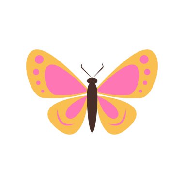 A simple colorful butterfly with pink and yellow wings, brown body on a white background. Represents nature, beauty, and elegance