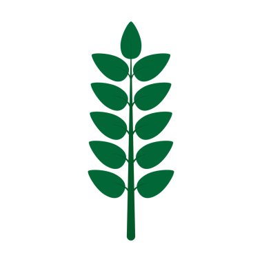 Düz grafik şeklinde betimlenmiş simetrik yaprakları olan, beyaz arka plana yaslanmış minimalist yeşil bir bitki. Doğayı ve basitliği temsil eder.