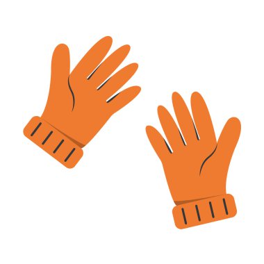 Resmedilmiş tarzda basit bir tasarımı olan iki turuncu eldiven, beyaz arka planda izole edilmiş. Bahçe kıyafetleri kavramı