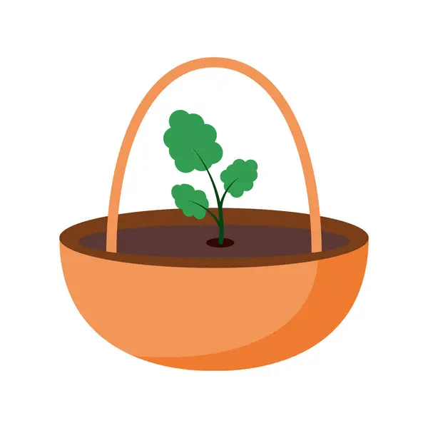 Bir sepetin içindeki topraktan küçük bir bitki filizleniyor ve sapı beyaz arka planda minimalist bir şekilde gösteriliyor. Büyüme kavramı