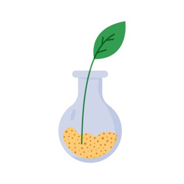 Beyaz zemin üzerinde sarı parçacıklar ve yeşil yapraklar bulunan bir mataranın basit bir çizgi film çizimi, büyümeyi ve bilimi simgeliyor.