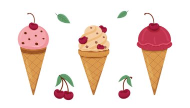 Kirazlı üç renkli dondurma külahı.