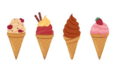 Dört dondurma külahında canlı renklerde eşsiz tatlar ve malzemeler bulunur..