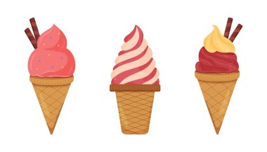 Çeşitli aromalar ve malzemelerle sergilenen renkli dondurma külahları