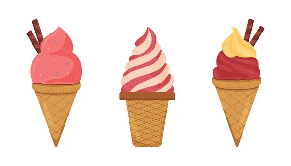 Çeşitli aromalar ve malzemelerle sergilenen renkli dondurma külahları