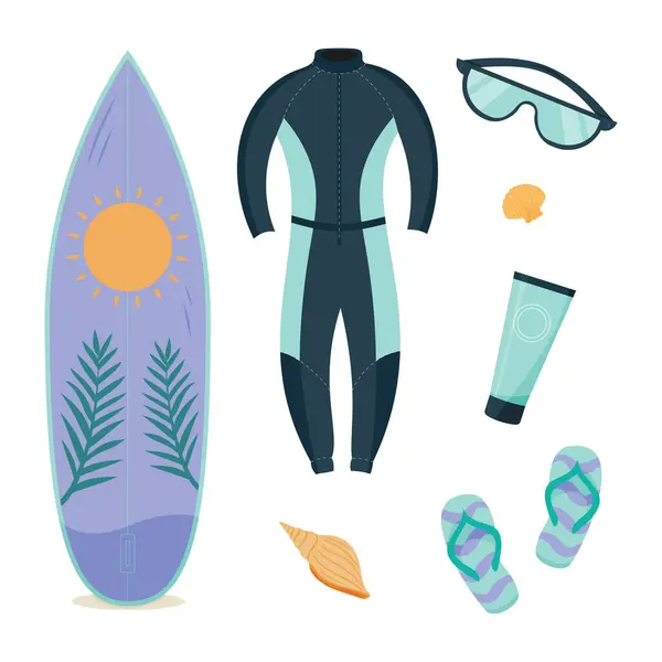 Sörf tahtasının yanına çeşitli sörf ekipmanları yerleştirilir..