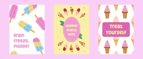 Pastel arka planda dondurma ve buzlu şekerlerin yer aldığı üç canlı poster, yaz ziyafetlerini ve eğlenceyi destekliyor.