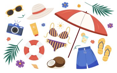 Yaz tatili esasları. Beyaz arka planda renkli eşyalar.. 