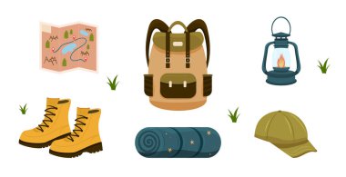 Kamp malzemeleri, sırt çantası, botlar, harita, lamba, şapka ve uyku tulumu beyaz arka planda düz stil, yürüyüş konsepti