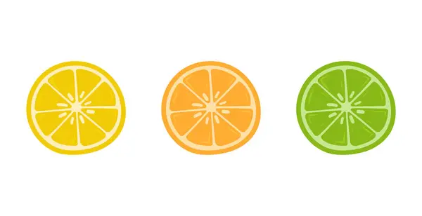 Renkli limon, portakal ve limon dilimleri beyaz arka planda düz grafik şeklinde, taze meyve ve yaz konsepti
