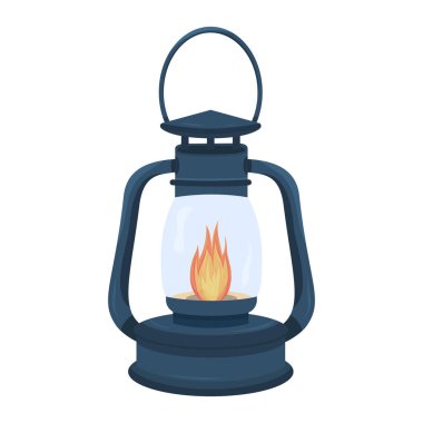 Beyaz arka planda yanan alevli eski moda bir gaz lambası. Klasik ışık kaynağı ve kamp malzemeleri kavramı