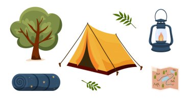 Kamp malzemeleri, çadır, ağaç, uyku tulumu, fener ve harita gibi beyaz arka planda düz bir şekilde, macera ve seyahat