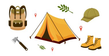 Kamp malzemeleri, sarı çadır, ayakkabı, sırt çantası, balta ve şapka. Açık hava macerası