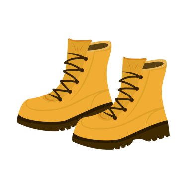 Siyah tabanlı iki sarı yürüyüş botu ve beyaz arka planda düz siyah bağcıklar, açık hava macera konsepti