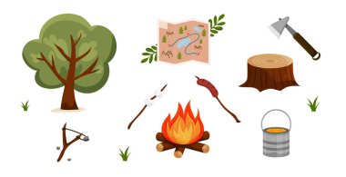 Ateş, harita, ağaç, balta, bembeyaz arka planda düz stil yiyecek, açık hava macera kavramı gibi kamp elementleri.