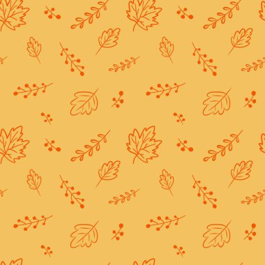 Elle çizilmiş sonbahar yaprakları ve böğürtlen desenleri. Sıcak turuncu arka plan, sonbahar mevsimi ve doğa kavramı üzerine turuncu çizgiler.