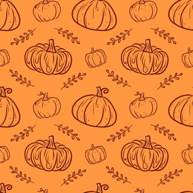 Turuncu arka planda elle çizilmiş balkabağı ve yaprakların yinelenen deseni, sonbahar hasadı ve mevsimsel dekor