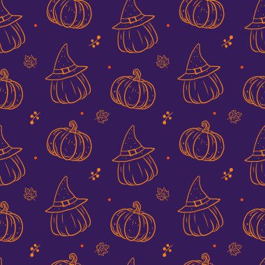 Cadı şapkası, böğürtlen ve koyu arkaplanda elle çizilmiş balkabağı desenleri.